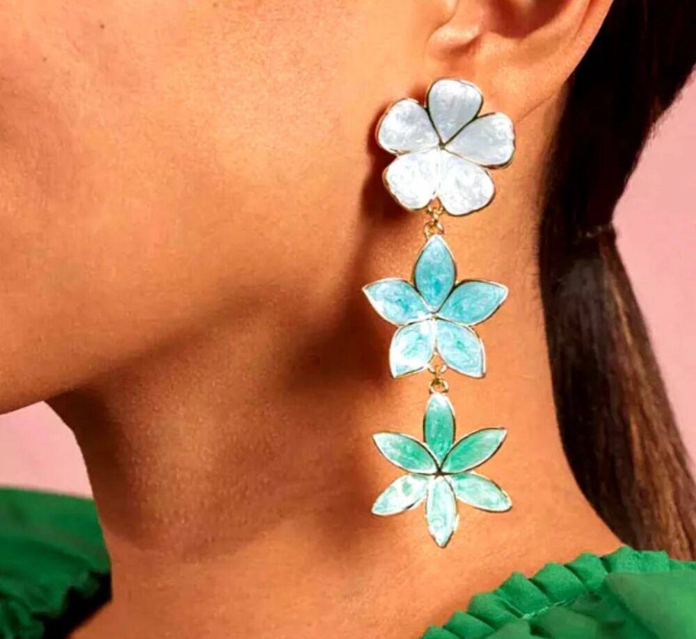 Baublebar Teal Green & Gold Tropical Hibiscus Flower Drop Earrings Post Back
